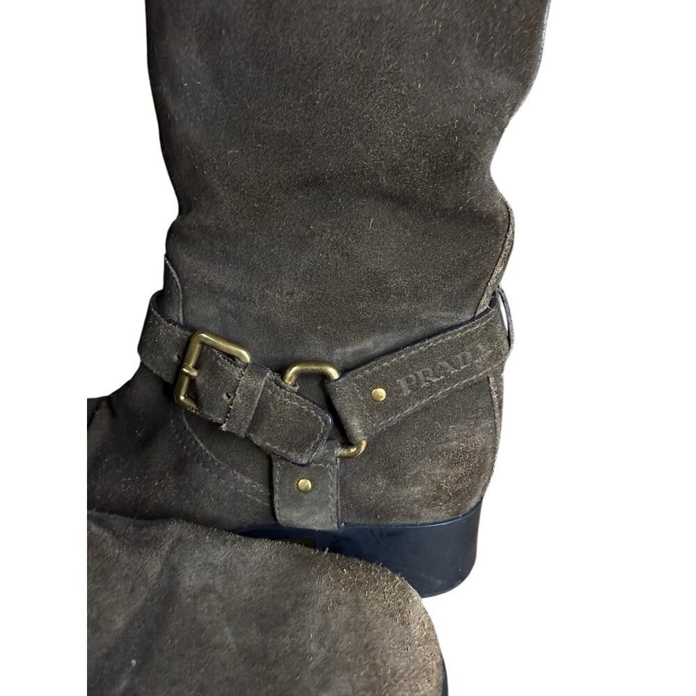 Prada Brown Mid calf Suede Biker Boots with Gold Buckle Logo EU 39 US 9 - Picture 7 of 13